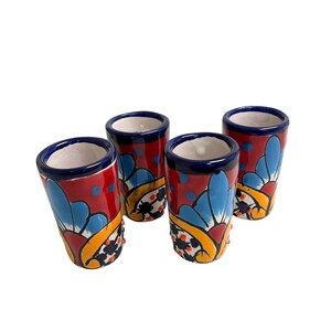 Talavera Shot Glasses Set Of 4 - Handmade Mexican Ceramic Tequila Glasses Blue Design