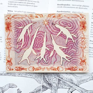 Może przedstawiać: Ilustracja przedstawiająca kilka białych, stylizowanych stworzeń wodnych na różowo-fioletowym, wirującym tle. Stworzenia są obrysowane na czarno, z pomarańczową obwódką z życia morskiego i gwiazd. Obraz znajduje się na stronie z tekstem.