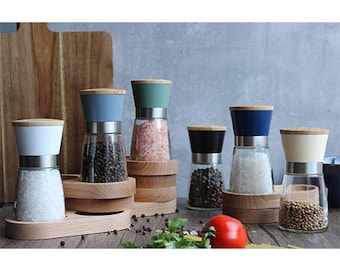 Salt and pepper mill grinder sets with hand crafted wood bamboo / beech wood tray  recycled glass. Perfect for home.