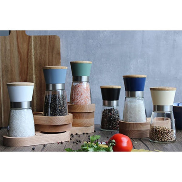 Salt and pepper mill grinder sets with hand crafted wood bamboo / beech wood tray  recycled glass. Perfect for home.