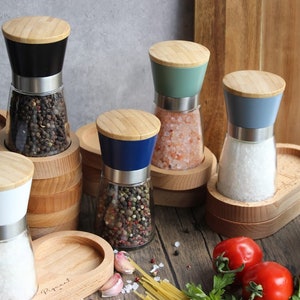 Salt and pepper mill grinder sets with hand crafted wood bamboo / beech wood tray  recycled glass. Perfect for home.