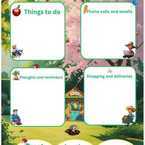 Puede incluir: Un planificador colorido con el texto "My Plans for today". Cuenta con secciones para "Things to do", "Phone calls and emails", "Thoughts and reminders" y "Shopping and deliveries". Elementos decorativos incluyen animales e ilustraciones de dibujos animados.