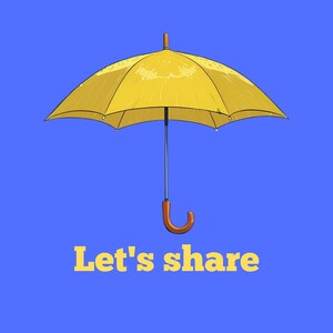 Peut inclure: Un parapluie jaune avec une poignée marron est ouvert sur un fond bleu. Le texte "Let's share" est affiché en lettres jaunes en dessous du parapluie. Le parapluie est de conception classique.
