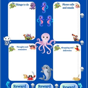 May include: A blue daily planner with the text "My Plans for today." The planner features sections for "Things to do," "Phone calls and emails," "Thoughts and reminders," and "Shopping and deliveries." Decorative sea creatures and treasure chests are also included.