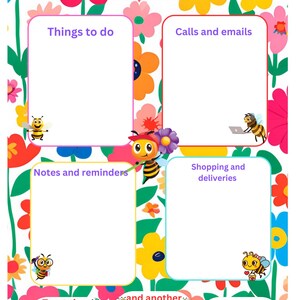 May include: A colorful planner with the text "My plans for today." The planner features four sections labeled "Things to do," "Calls and emails," "Notes and reminders," and "Shopping and deliveries." The design includes cartoon bees and floral elements.