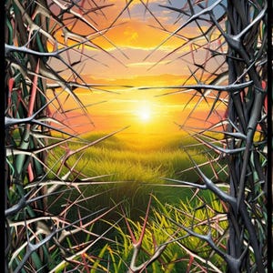 May include: Digital artwork depicting a sunset over a grassy field, framed by a thorny, dark grey structure. The sky transitions from orange to yellow, with the sun's bright light shining through the thorns.