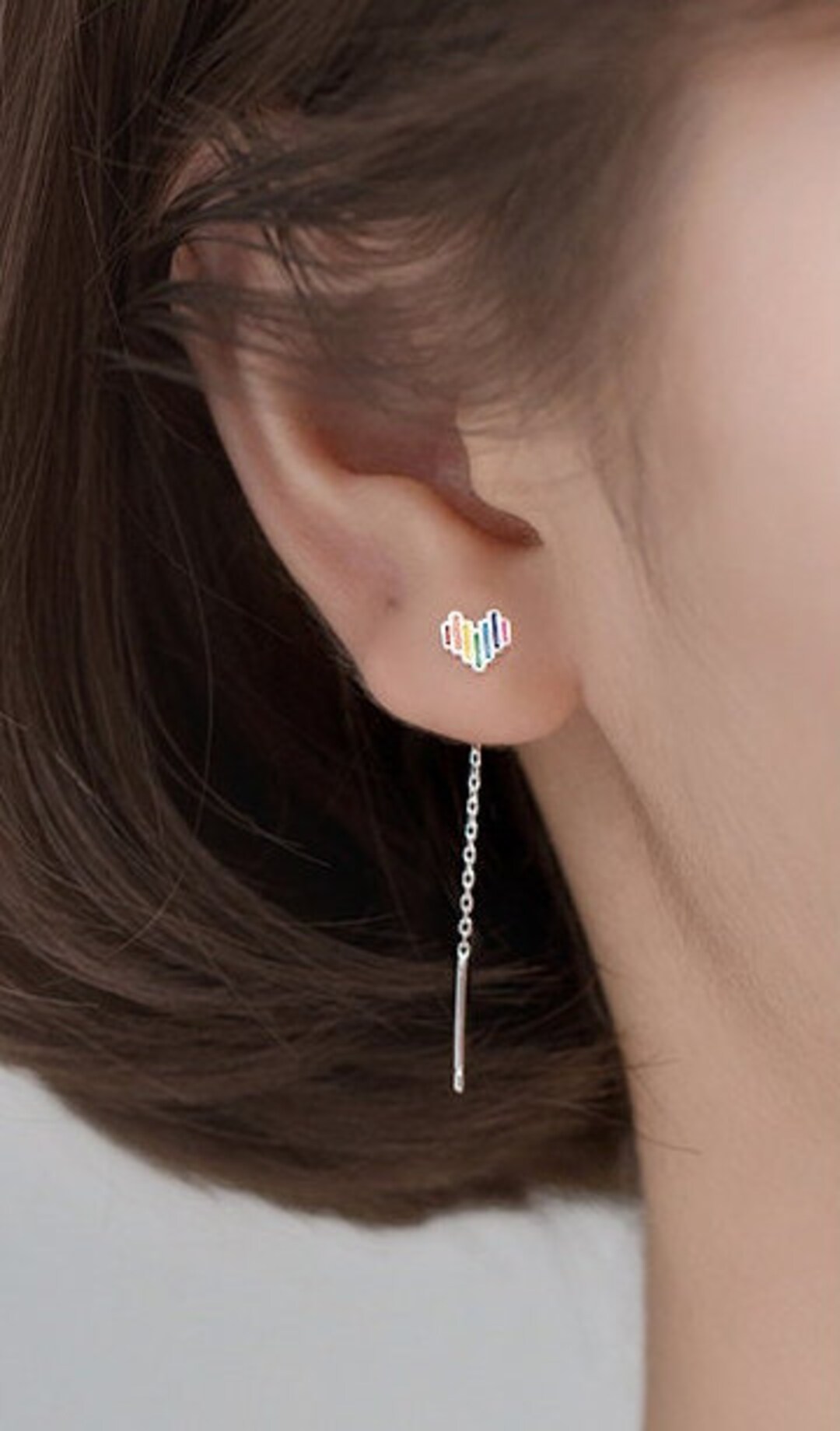 Sterling Silver Rainbow Heart Threader Earrings, Heart Jewelry, Heart