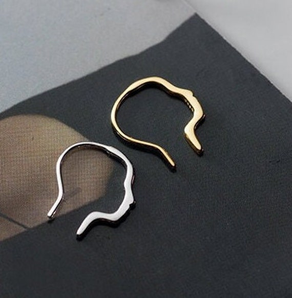 Sterling Silver Mini Face Outline Hoop Earrings Half Face