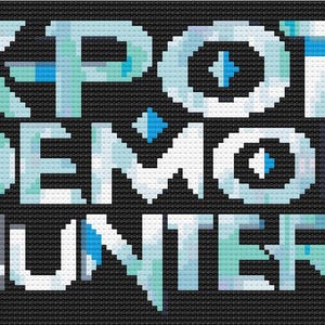 May include: Pixelated text on a black background reads "KPOP DEMON HUNTERS" in a blocky, digital style. The letters are primarily white with blue and teal accents, creating a striking contrast.