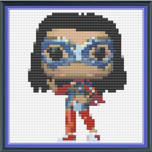 May include: A pixel art style illustration of a female superhero wearing a blue mask, red and blue jacket, and red trousers. The character has black hair and is standing with one hand on her hip.