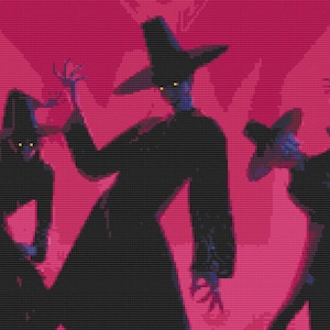 May include: Digital art illustration of several figures in black cloaks and wide-brimmed hats, with glowing yellow eyes, against a pink background. The figures are in various poses, with outstretched hands, creating a spooky, Halloween-themed scene.