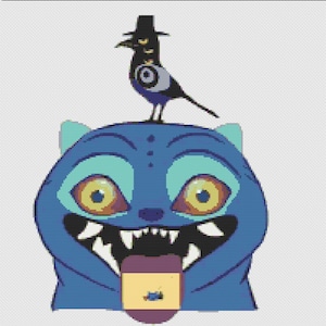 May include: A digital illustration in a pixelated style. It depicts a blue creature with large yellow eyes, a wide grin, and a tongue with a small rectangle. A black bird wearing a hat is perched on the creature's head.