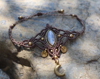 Pulseira de macramê com pedra da lua, estilo halo, joias boho, joias hippie