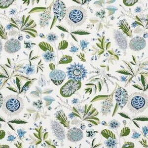 May include: A white fabric with a repeating pattern of blue and green flowers and leaves. The flowers are stylized and have a geometric design.