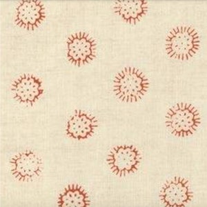 May include: A white fabric with a repeating pattern of red stylized flower designs.