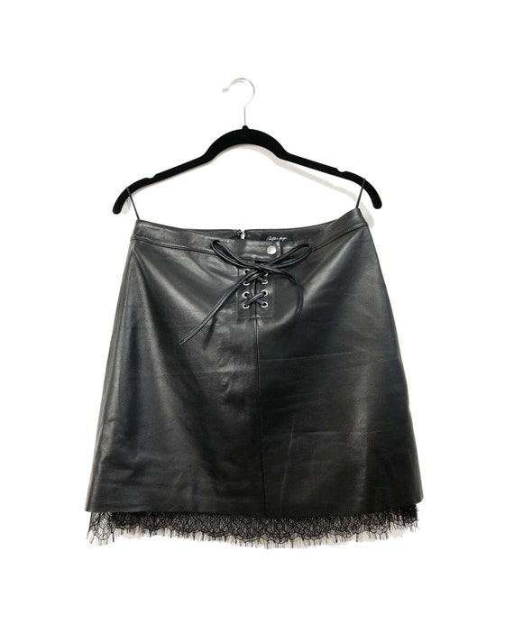 Boho Women s Black Natural Leather Skirt With Lace Trim Etsy