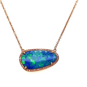 14K Yellow Gold Opal and Diamond Halo Pendant Necklace