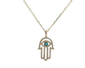 14K Yellow Gold Turquoise and Diamond Hamsa Necklace