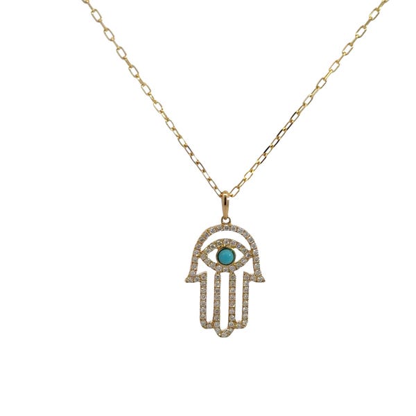 14K Yellow Gold Turquoise and Diamond Hamsa Necklace