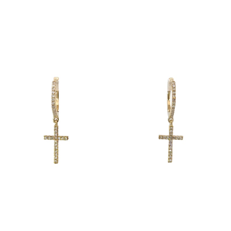 14K Yellow Gold Diamond Hoop Cross Earrings - Etsy