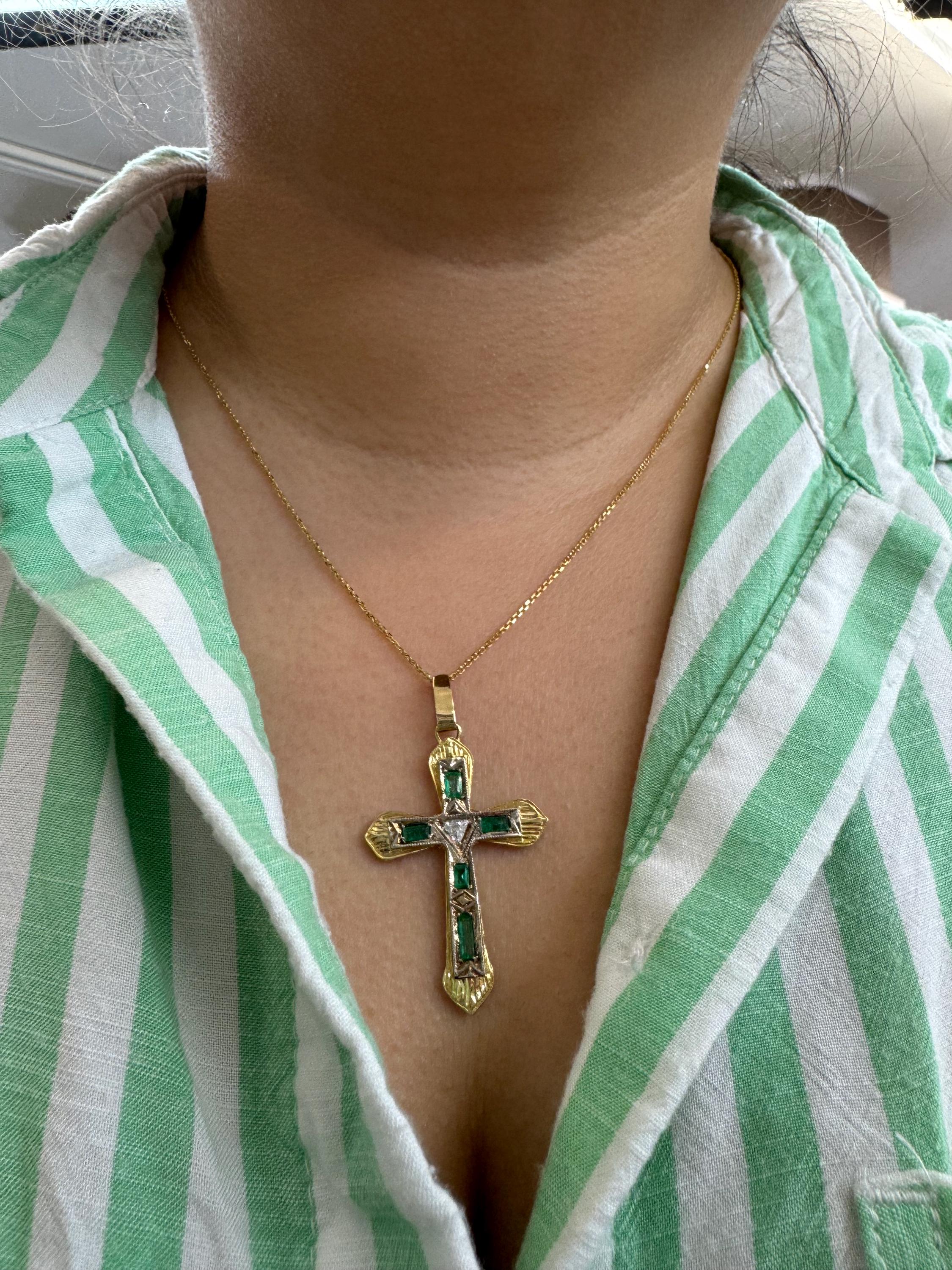 18K Yellow Gold Emerald and Diamond Antique Style Cross Pendant - Etsy