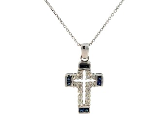 18K White Gold Diamond and Sapphire Cross Pendant