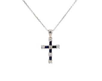 14K White Gold Diamond and Sapphire Cross Pendant