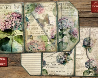 Hydrangea Watercolor Junk Journal Kit, Vintage Ephemera, Floral Papers, Collage Sheet, Insert, Instant Download, Digital Folder