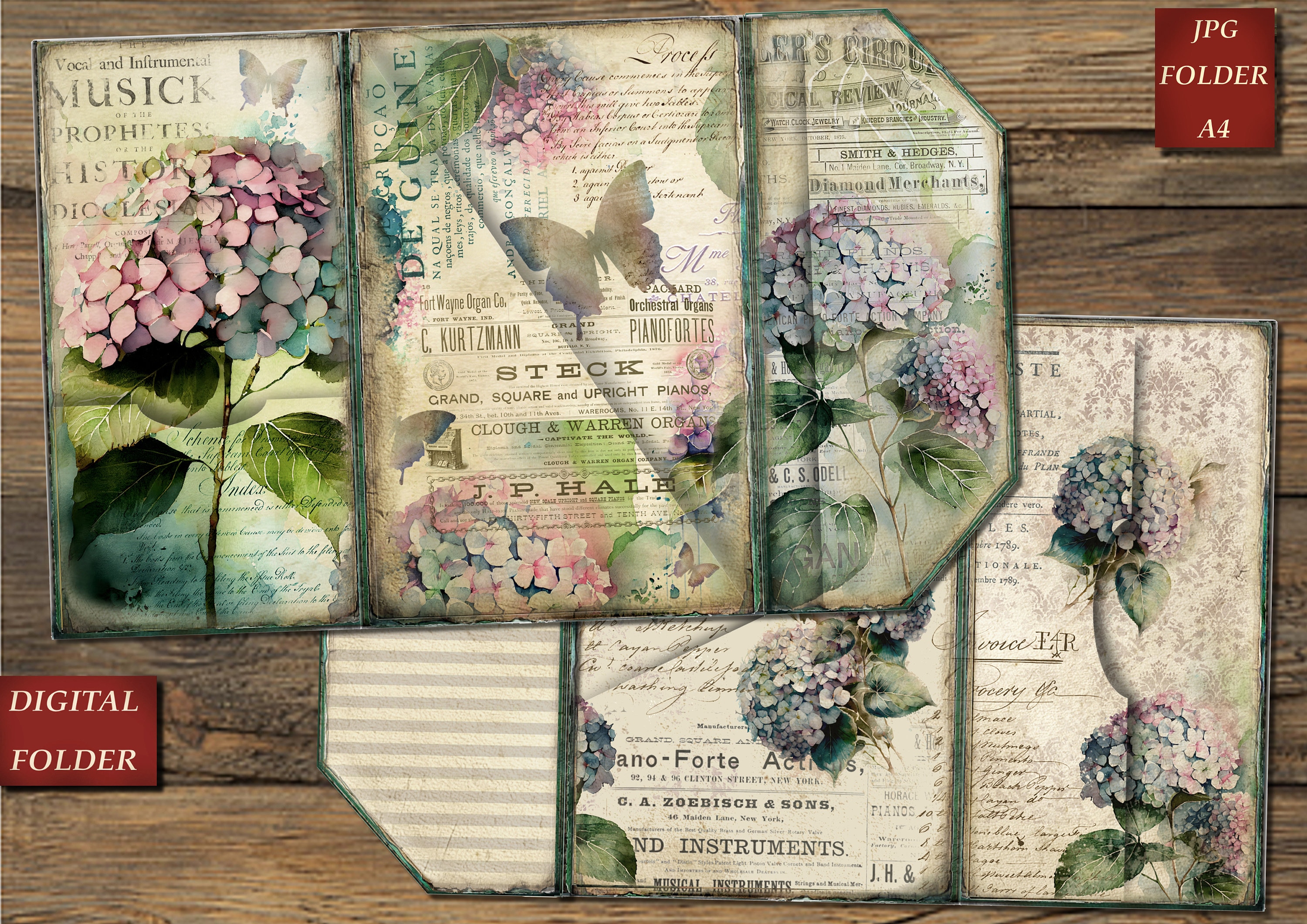 Hydrangea Watercolor Junk Journal Kit, Vintage Ephemera, Floral Papers, Collage Sheet, Insert, Instant Download, Digital Folder