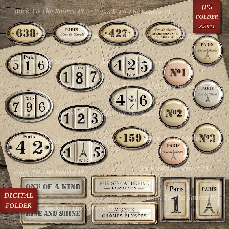 French Labels Junk Journal Kit, Numbers Digital, Journal Words, Vintage Ephemera, Shabby Vintage Butterflies, Printable Download, Nr096