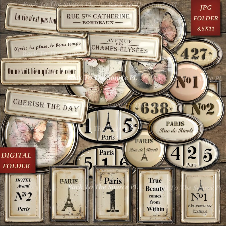 French Labels Junk Journal Kit, Numbers Digital, Journal Words, Vintage Ephemera, Shabby Vintage Butterflies, Printable Download, Nr096