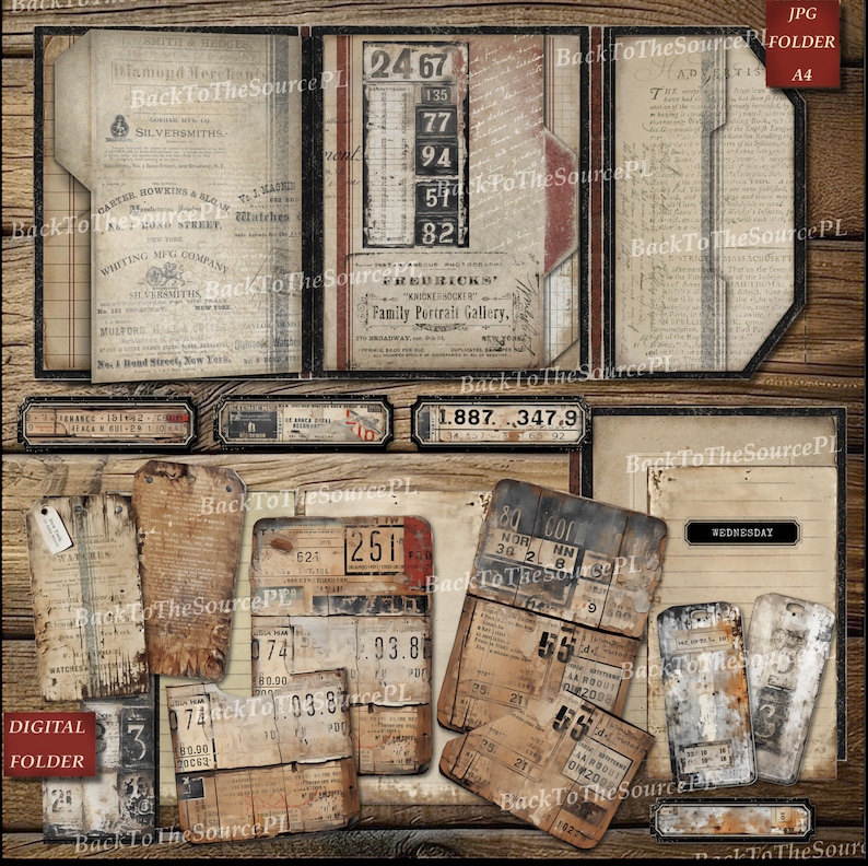 Puede incluir: Una carpeta digital con est&eacute;tica vintage. La carpeta est&aacute; hecha de papel marr&oacute;n con una franja roja y tiene varias etiquetas y etiquetas adjuntas. La carpeta est&aacute; abierta para revelar una p&aacute;gina con una lista de n&uacute;meros escritos a mano y un peque&ntilde;o anuncio de una galer&iacute;a de retratos familiares. La carpeta tambi&eacute;n tiene una etiqueta con el texto "1.887.347.9" y una etiqueta m&aacute;s peque&ntilde;a con el texto "WEDNESDAY".