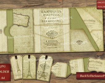 May include: Digital folder with a vintage aesthetic. The design features aged paper textures, script, and decorative elements. Includes tags with Eiffel Tower illustrations and French text. The color palette is primarily beige, green, and brown.