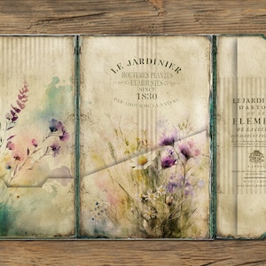 May include: A vintage-style, three-panel folder with a watercolour floral design. The folder has a green border and a striped pattern. The text on the folder reads "Le Jardinier, Boutures Plantes et Arbustes, Since 1830, Par Amour de la Nature" and "Le Jardinier D'Artois, Ou Les Elemens de la Culture, Potagers et Fruitiers."