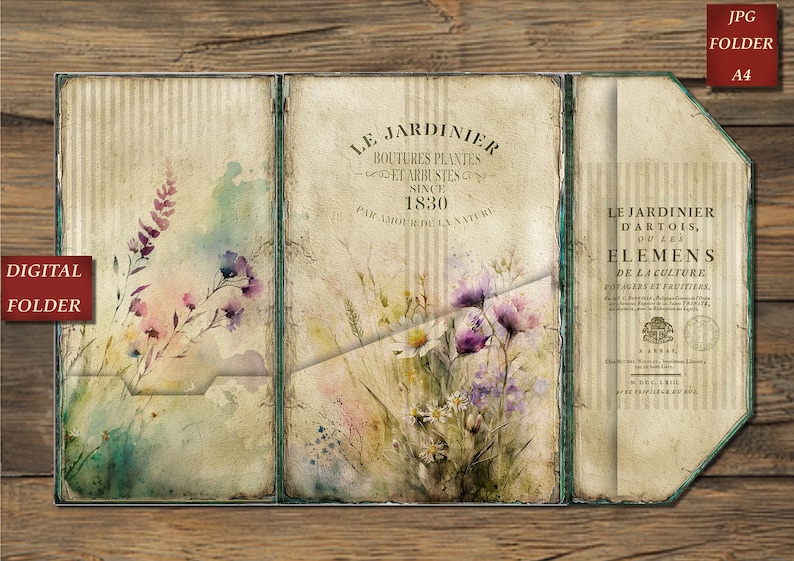 May include: A vintage-style, three-panel folder with a watercolour floral design. The folder has a green border and a striped pattern. The text on the folder reads "Le Jardinier, Boutures Plantes et Arbustes, Since 1830, Par Amour de la Nature" and "Le Jardinier D'Artois, Ou Les Elemens de la Culture, Potagers et Fruitiers."