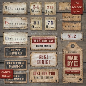 Industrial Grunge Labels, Tags Vintage Ephemera Junk Journal, Distressed Numbers, Steampunk Supplies, Printable Ephemera, Digital Folder