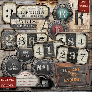 Industrial Labels, Grunge Tags and Pockets, Distressed Numbers, Junk Journal Supplies, Steampunk Ephemera, Digital Folder, Nr090