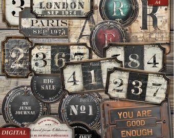 Industrial Labels, Grunge Tags and Pockets, Distressed Numbers, Junk Journal Supplies, Steampunk Ephemera, Digital Folder, Nr090