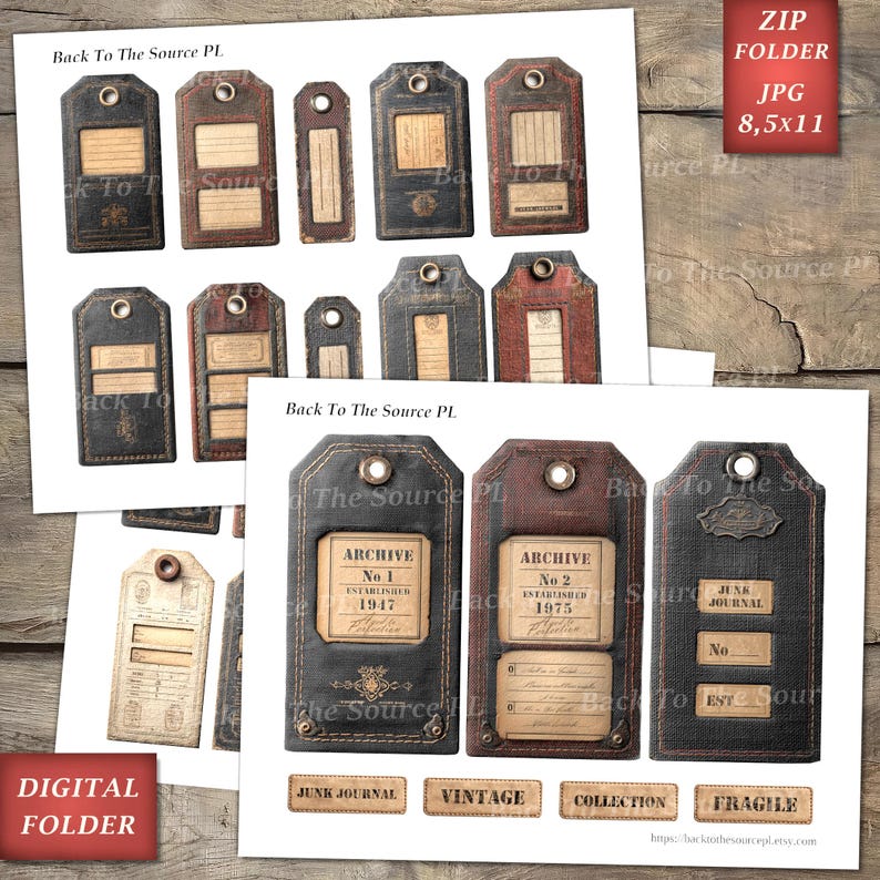 Junk Labels, Vintage Journal Page, Grunge Tags, Printable Ephemera, Junk Journal Supplies, Digital Folder