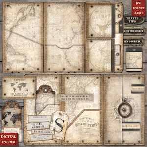 Puede incluir: Un kit de diario de viaje digital con un diseño de mapa vintage. El kit incluye varias páginas de diario, etiquetas y rótulos con texto temático de viajes y una ilustración de brújula. La paleta de colores es principalmente marrón y beige, con una apariencia envejecida.