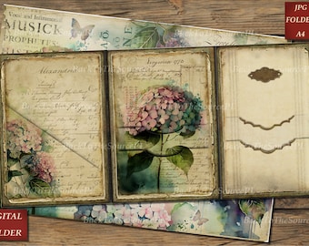 Watercolor Garden Junk Journal Kit, Scrapbooks, Collage Sheet, Vintage Ephemera, Insert, Folding Folio,  Digital Folder