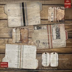 Puede incluir: Una maqueta de carpeta digital con una est&eacute;tica vintage. La carpeta est&aacute; hecha de papel marr&oacute;n con una columna vertebral a rayas rojas y blancas. La parte delantera de la carpeta presenta una variedad de im&aacute;genes y textos vintage, incluyendo un globo aerost&aacute;tico, un reloj y una lista de n&uacute;meros. La carpeta est&aacute; abierta para revelar una p&aacute;gina en blanco en el interior.