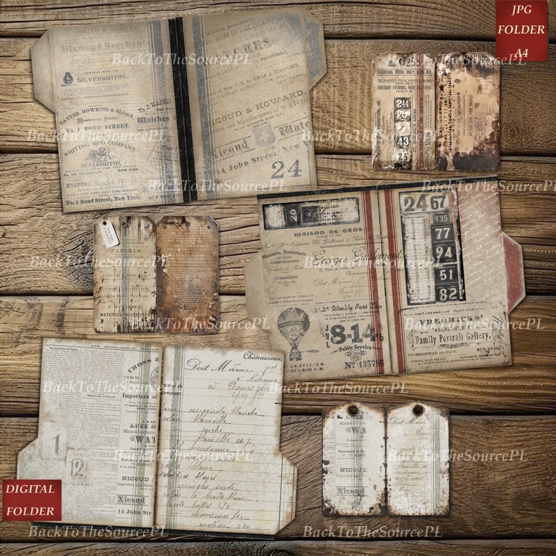 Puede incluir: Una maqueta de carpeta digital con una est&eacute;tica vintage. La carpeta est&aacute; hecha de papel marr&oacute;n con una columna vertebral a rayas rojas y blancas. La parte delantera de la carpeta presenta una variedad de im&aacute;genes y textos vintage, incluyendo un globo aerost&aacute;tico, un reloj y una lista de n&uacute;meros. La carpeta est&aacute; abierta para revelar una p&aacute;gina en blanco en el interior.