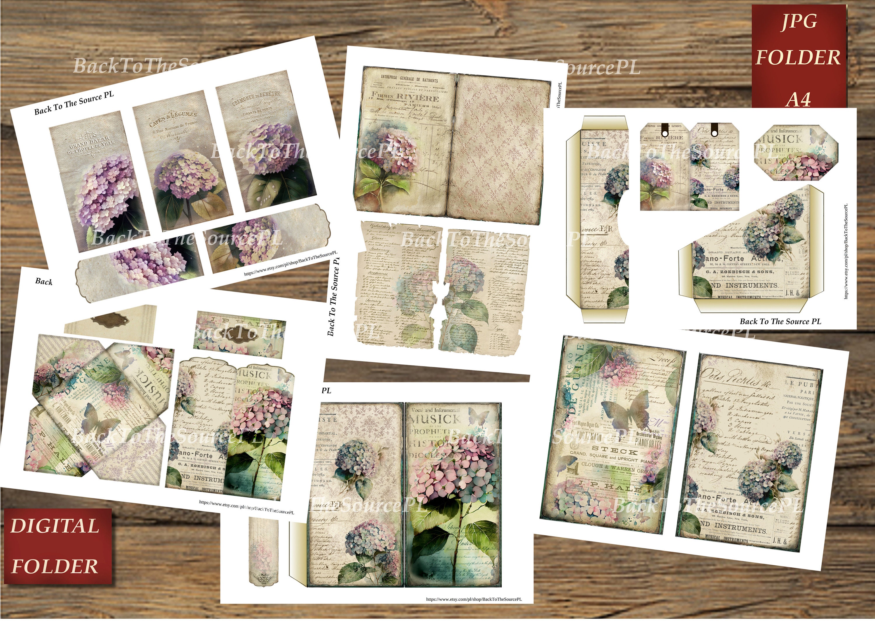 Hydrangea Watercolor Junk Journal Kit, Vintage Ephemera, Floral Papers ...