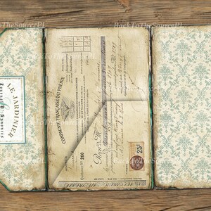May include: A vintage-style, three-panel folder with a green and white floral pattern. The front panel features the text "Le Jardinier Journal d'Annonces" and the back panel has the text "Compagnie Fran&ccedil;aise du Ph&eacute;nix." The middle panel has a handwritten receipt with the text "Quittance 260" and a stamp with the text "Timbre 25c".