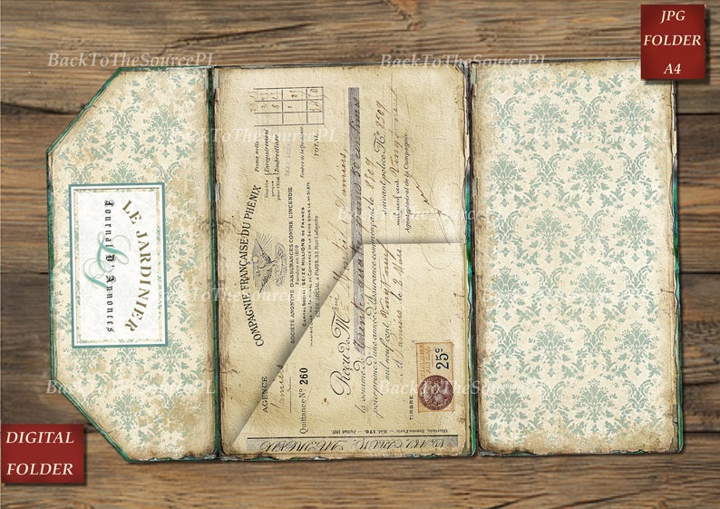 May include: A vintage-style, three-panel folder with a green and white floral pattern. The front panel features the text "Le Jardinier Journal d'Annonces" and the back panel has the text "Compagnie Fran&ccedil;aise du Ph&eacute;nix." The middle panel has a handwritten receipt with the text "Quittance 260" and a stamp with the text "Timbre 25c".