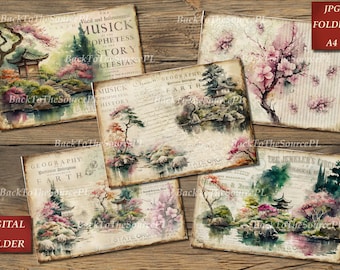 Può includere: Sei progetti di carta digitale per scrapbooking con illustrazioni ad acquerello di giardini giapponesi con fiori di ciliegio, pagode e testo. Le carte hanno un'estetica vintage con testo sbiadito e uno sfondo strutturato.