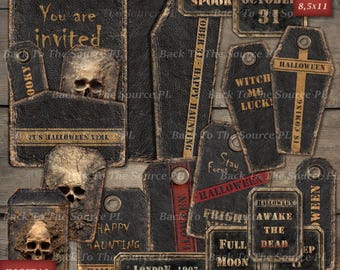 Halloween Labels and Vintage Spooky Tags, Scary Ephemera Printable Kit, Halloween Words, Digital Nr 105