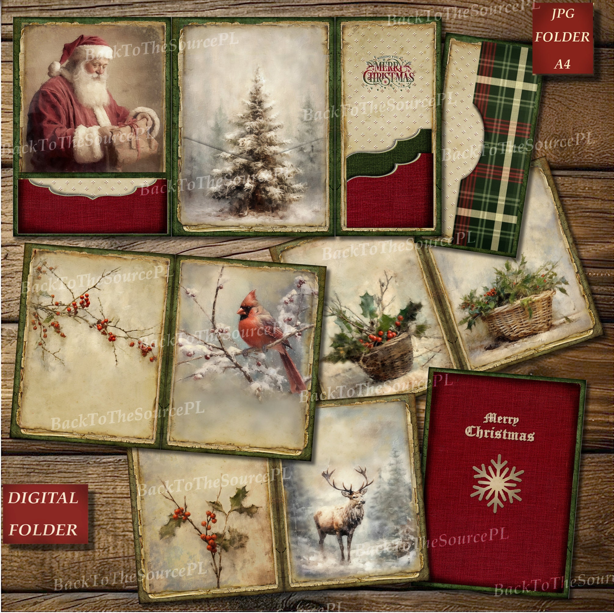 Vintage Christmas Junk Journal Kit, Printable Christmas Tags