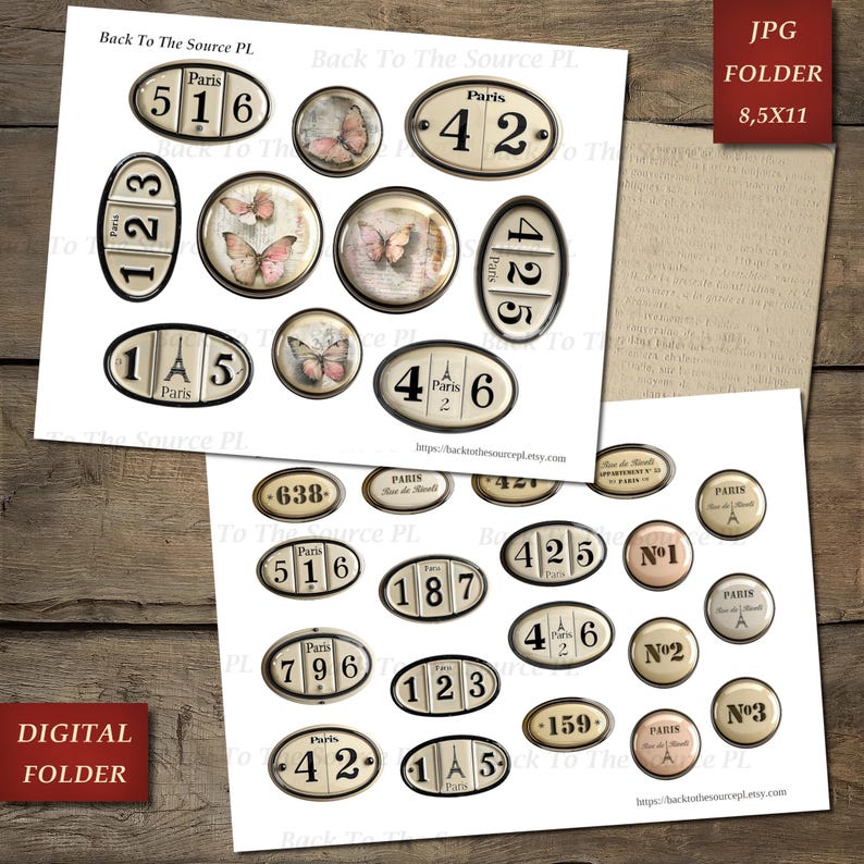 French Labels Junk Journal Kit, Numbers Digital, Journal Words, Vintage Ephemera, Shabby Vintage Butterflies, Printable Download, Nr096